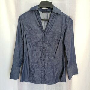 Women’s Chambray Button Down Shirt Pintuck Front 3/4 Sleeve Denim Blouse Size S